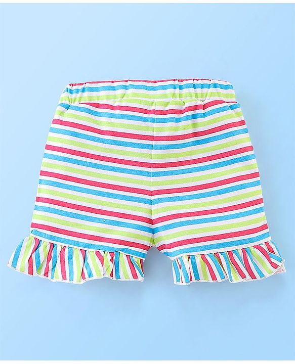 Babyhug 100% Cotton Frill Sleeves Top & Striped Shorts Set Candy Print - Lime Green