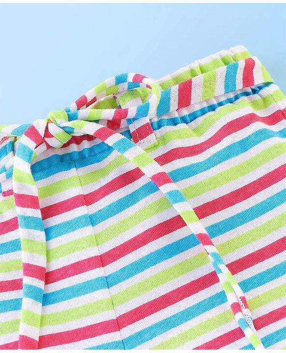 Babyhug 100% Cotton Frill Sleeves Top & Striped Shorts Set Candy Print - Lime Green