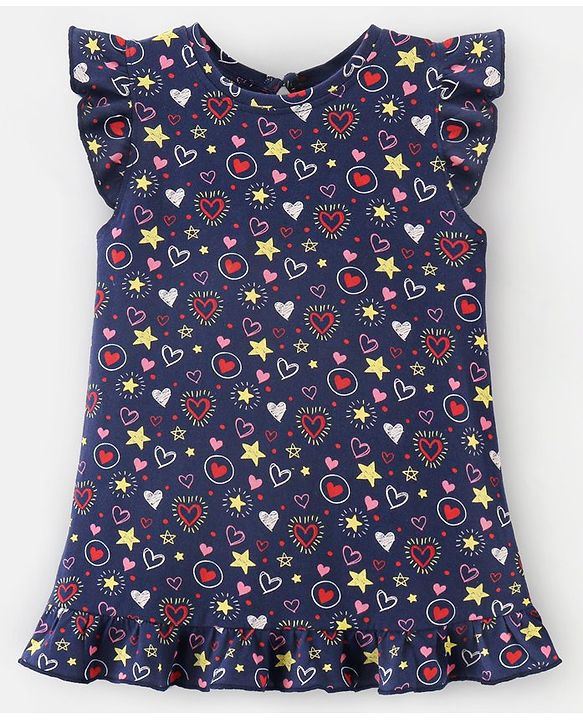 Babyhug Cotton Flutter Sleeves Nighty Heart Print - Navy Blue