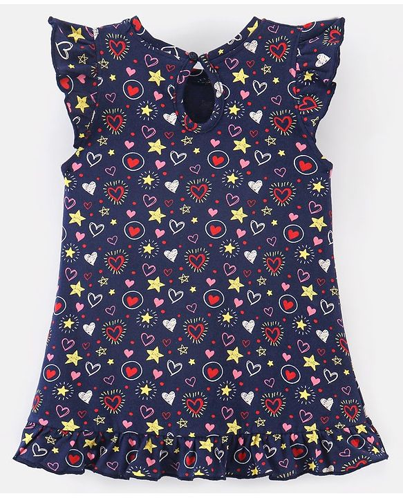 Babyhug Cotton Flutter Sleeves Nighty Heart Print - Navy Blue