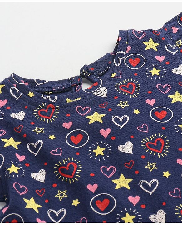 Babyhug Cotton Flutter Sleeves Nighty Heart Print - Navy Blue