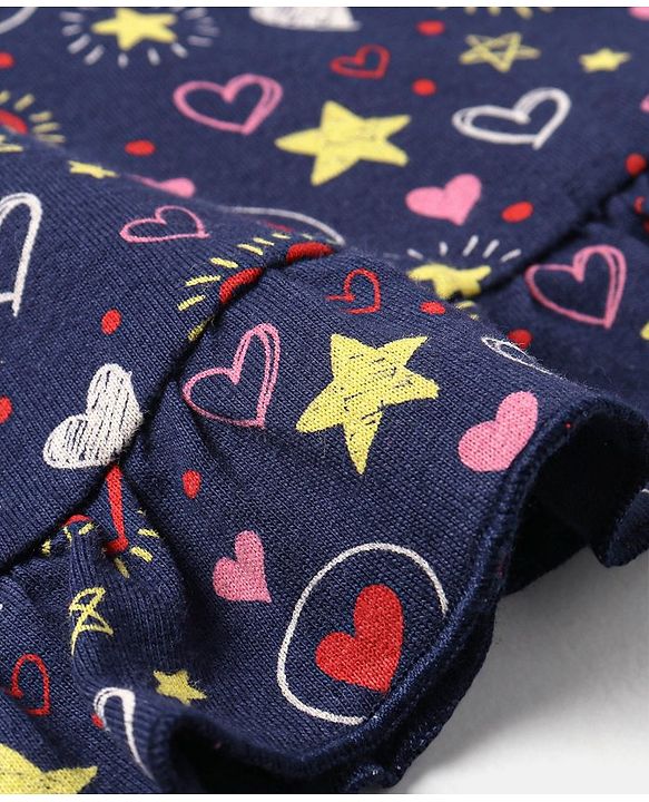 Babyhug Cotton Flutter Sleeves Nighty Heart Print - Navy Blue