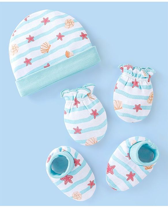 Babyhug 100% Cotton Cap Mittens And Booties Star & Shell Print  Blue - Diameter 9 Cm