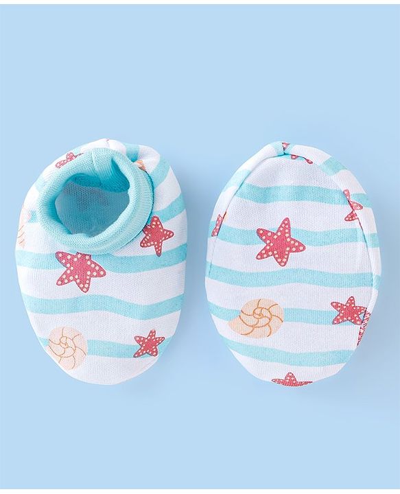 Babyhug 100% Cotton Cap Mittens And Booties Star & Shell Print  Blue - Diameter 9 Cm