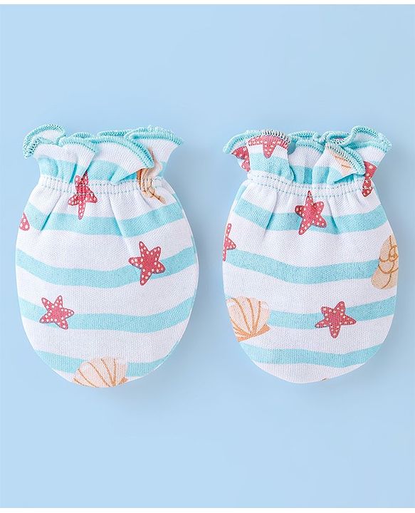Babyhug 100% Cotton Cap Mittens And Booties Star & Shell Print  Blue - Diameter 9 Cm