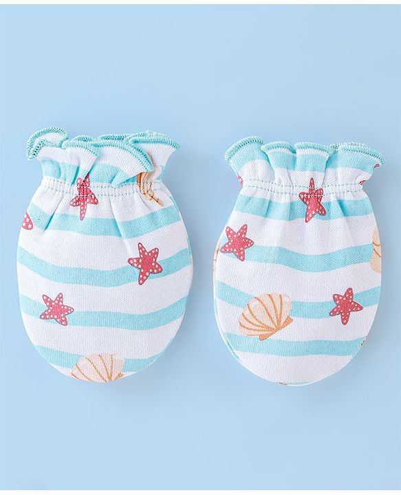 Babyhug 100% Cotton Cap Mittens And Booties Star & Shell Print  Blue - Diameter 9 Cm