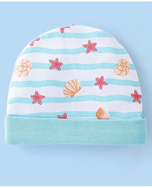Babyhug 100% Cotton Cap Mittens And Booties Star & Shell Print  Blue - Diameter 9 Cm