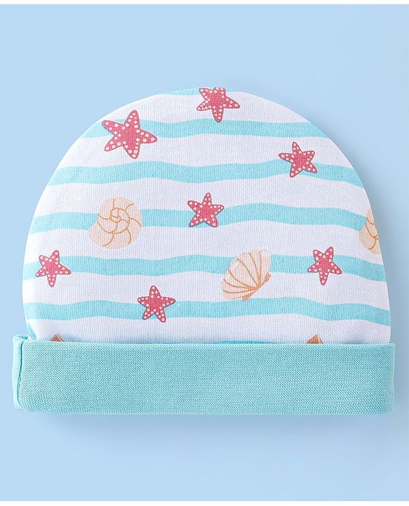 Babyhug 100% Cotton Cap Mittens And Booties Star & Shell Print  Blue - Diameter 9 Cm