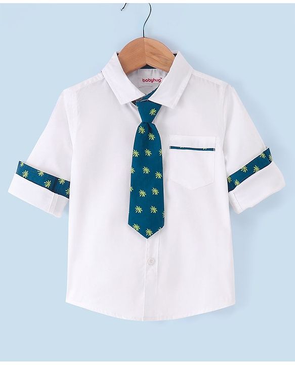 Babyhug 100% Cotton Full Sleeves Solid Shirt with Tie - White