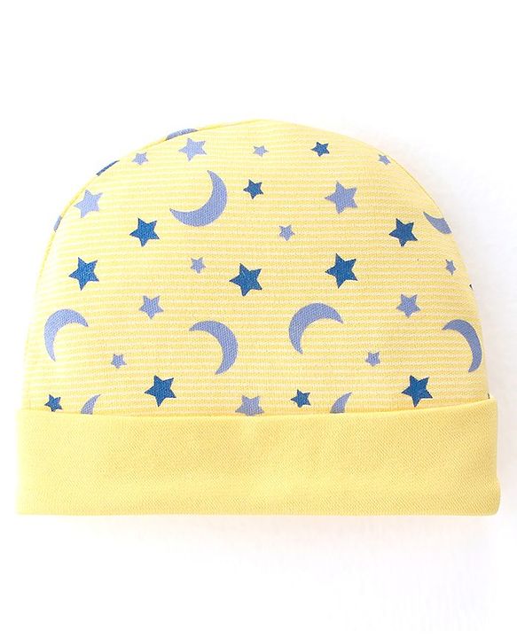 Babyhug 100% Cotton Cap Mittens & Booties Moon & Stars Print Yellow- Diameter 9.5 cm