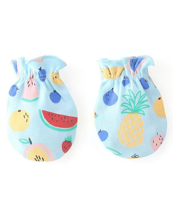 Babyhug 100% Cotton Cap Mittens & Booties Watermelon & Pineapple Print- Blue