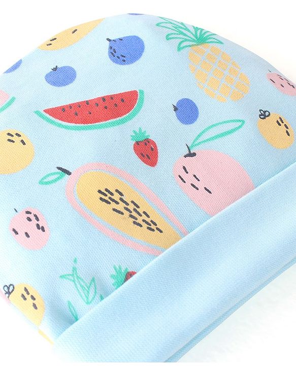 Babyhug 100% Cotton Cap Mittens & Booties Watermelon & Pineapple Print- Blue
