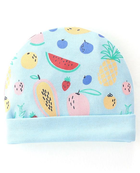 Babyhug 100% Cotton Cap Mittens & Booties Watermelon & Pineapple Print- Blue