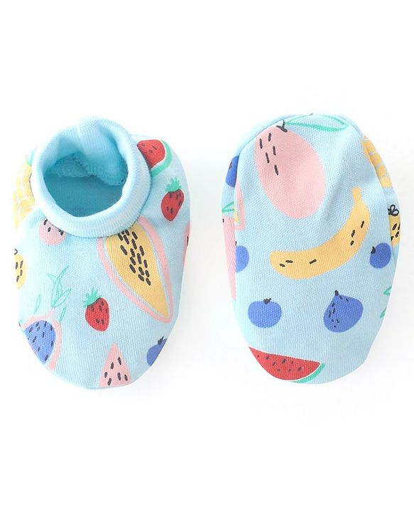 Babyhug 100% Cotton Cap Mittens & Booties Watermelon & Pineapple Print- Blue