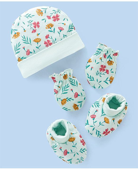 Babyhug 100% Cotton Cap Mittens And Booties Floral Print - Blue