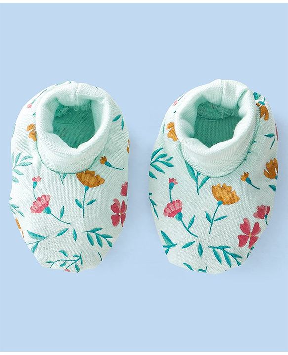 Babyhug 100% Cotton Cap Mittens And Booties Floral Print - Blue