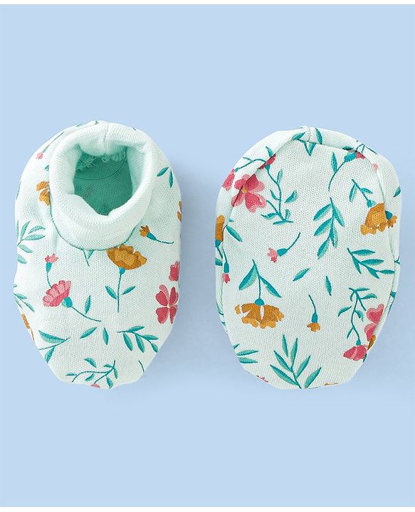 Babyhug 100% Cotton Cap Mittens And Booties Floral Print - Blue