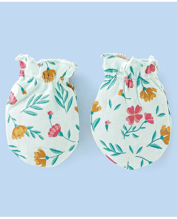 Babyhug 100% Cotton Cap Mittens And Booties Floral Print - Blue