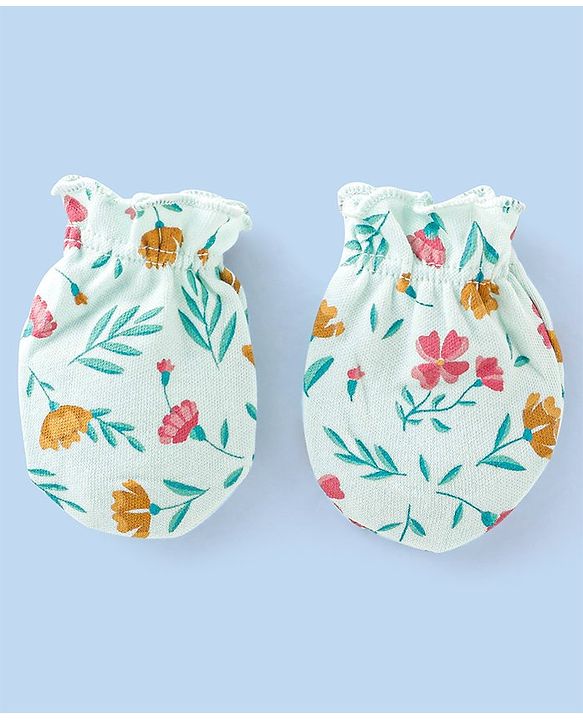 Babyhug 100% Cotton Cap Mittens And Booties Floral Print - Blue