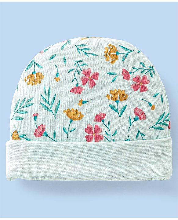 Babyhug 100% Cotton Cap Mittens And Booties Floral Print - Blue