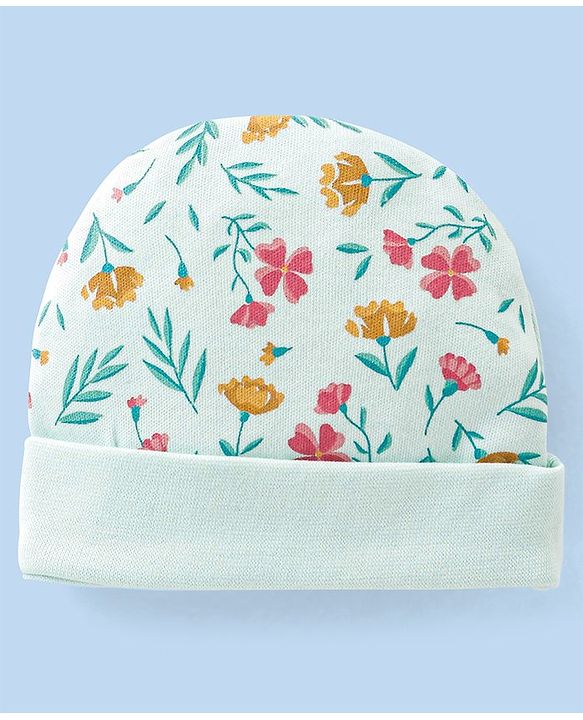 Babyhug 100% Cotton Cap Mittens And Booties Floral Print - Blue