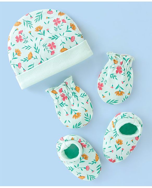 Babyhug 100% Cotton Cap Mittens And Booties Floral Print - Blue