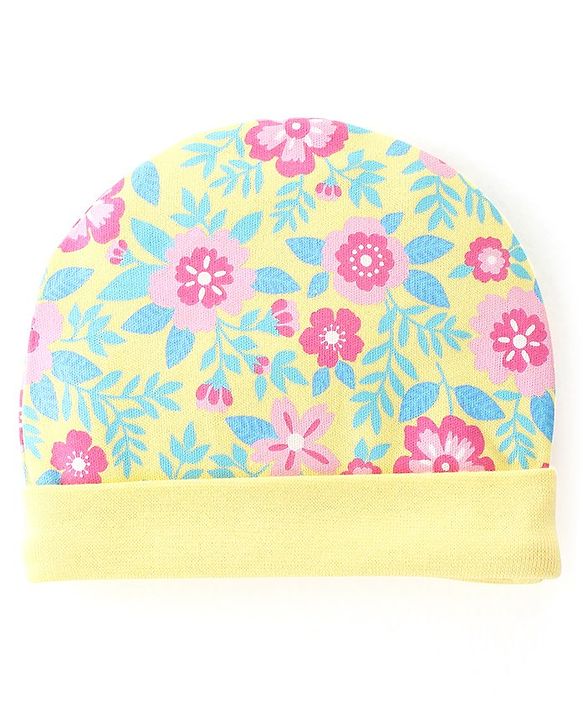 Babyhug 100% Cotton Cap Mittens & Booties Floral Print- Yellow