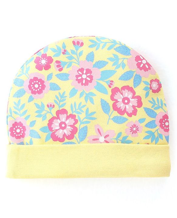 Babyhug 100% Cotton Cap Mittens & Booties Floral Print- Yellow