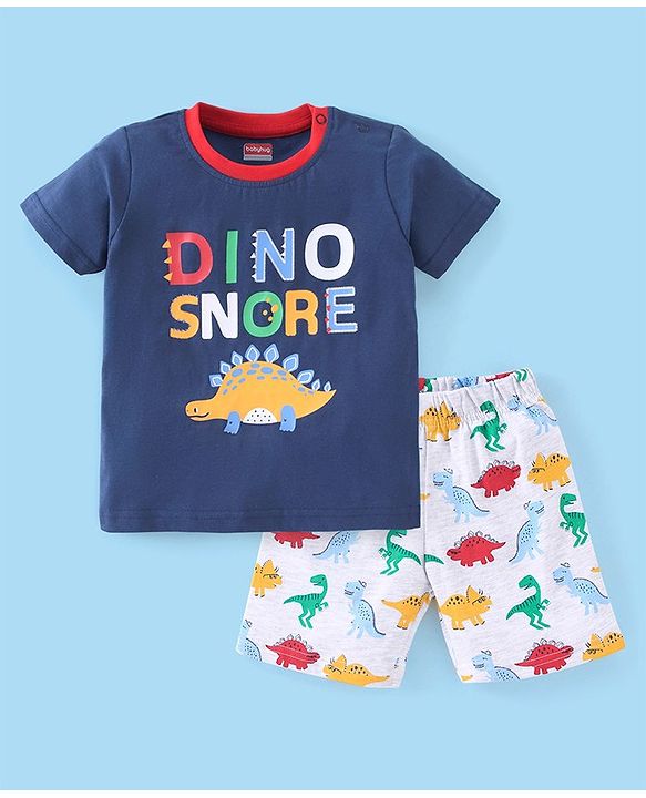 Babyhug Cotton Half Sleeves Night Suit Dino Print- Navy & Ecru