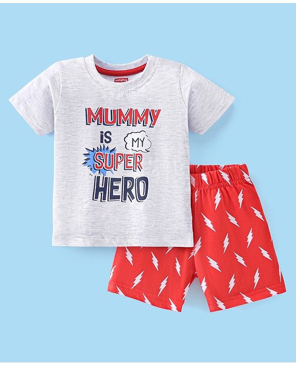 Babyhug Cotton Half Sleeves Night Suit Text Print- Ecru & Orange