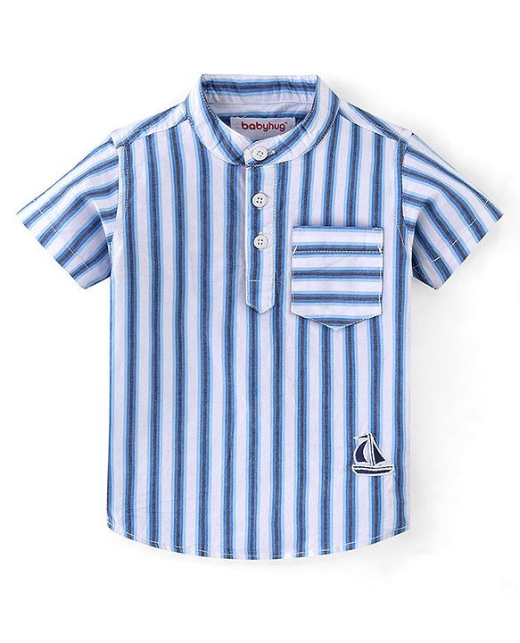 Babyhug 100% Cotton Half Sleeves Mandarin Collar Striped Kurta Shirt - Blue
