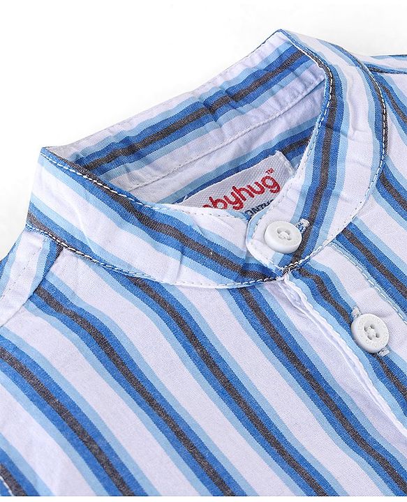 Babyhug 100% Cotton Half Sleeves Mandarin Collar Striped Kurta Shirt - Blue