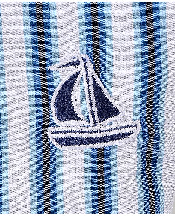 Babyhug 100% Cotton Half Sleeves Mandarin Collar Striped Kurta Shirt - Blue