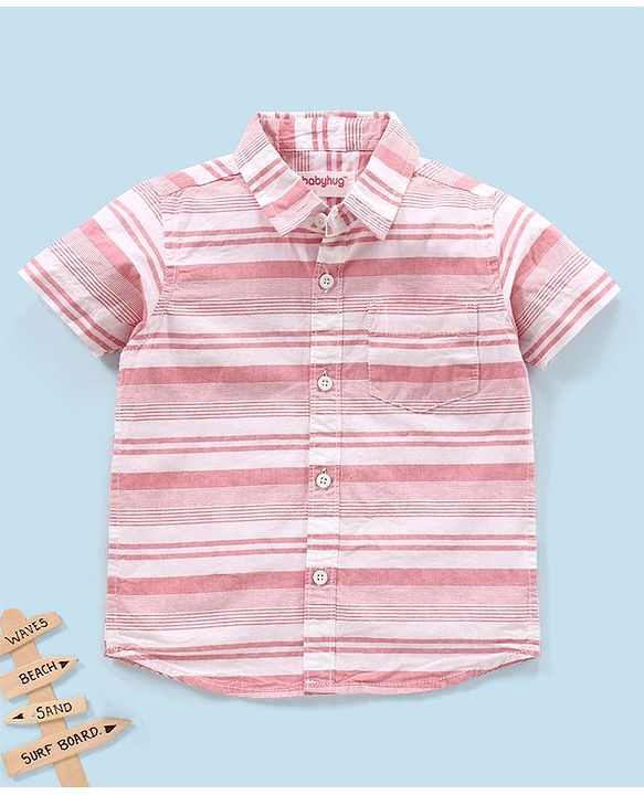 Babyhug 100% Cotton Half Sleeves Striped Shirt- Red