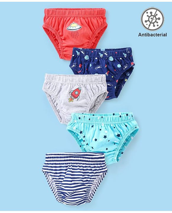 Babyhug 100% Cotton Antibacterial Space Print Briefs Pack of 5 - Blue & Red
