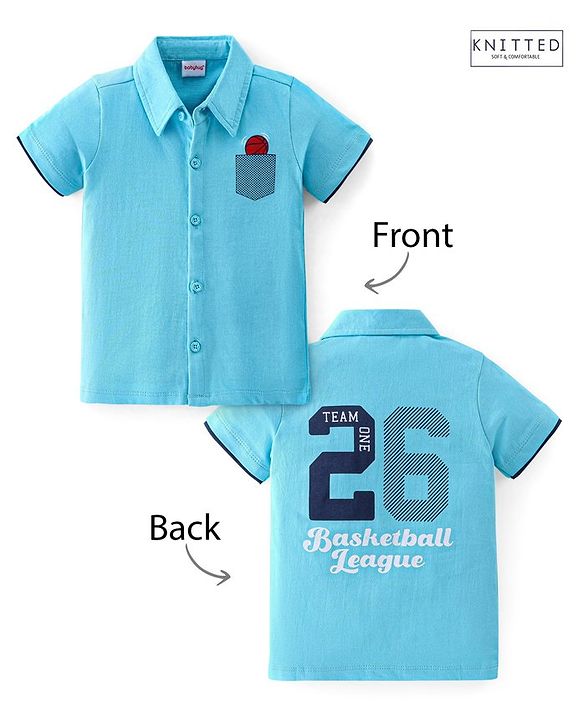 Babyhug 100% Cotton Knit Half Sleeves Shirt Basketball Embroidery - Blue