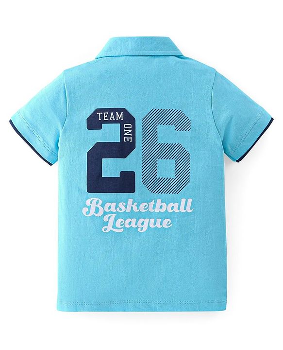Babyhug 100% Cotton Knit Half Sleeves Shirt Basketball Embroidery - Blue