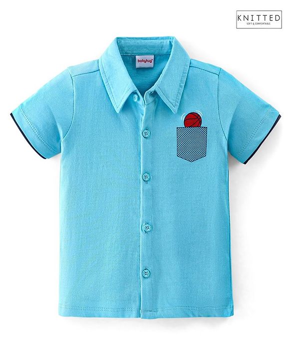 Babyhug 100% Cotton Knit Half Sleeves Shirt Basketball Embroidery - Blue