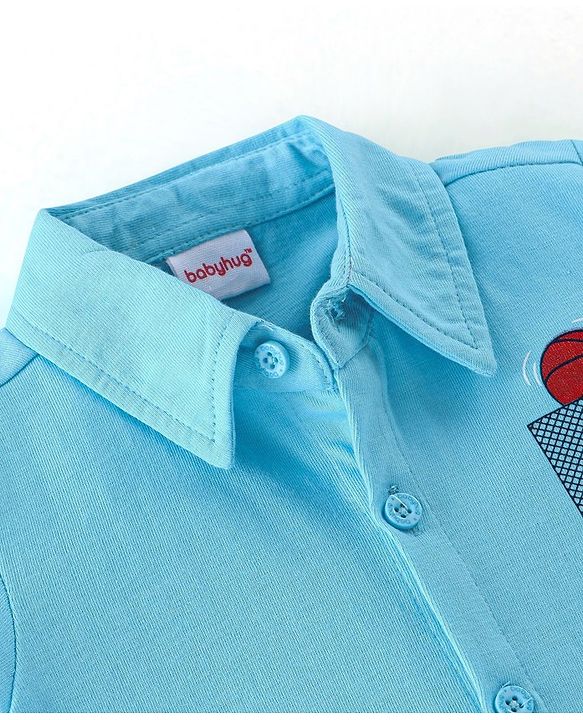 Babyhug 100% Cotton Knit Half Sleeves Shirt Basketball Embroidery - Blue