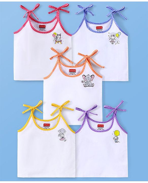 Babyhug 100% Cotton Tie Knot Sleeveless Jhablas Bunny & Elephant Print Pack of 5- White