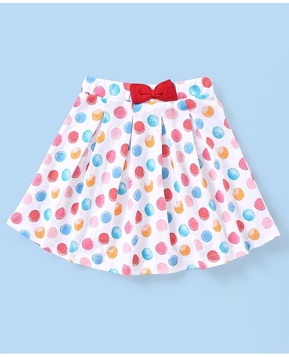 Babyhug 100% Cotton Knit Half Sleeves Top & Skirt Set with Bow Applique & Polka Dots Print - Peach & White