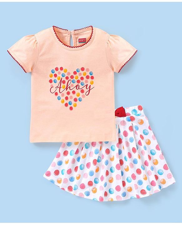 Babyhug 100% Cotton Knit Half Sleeves Top & Skirt Set with Bow Applique & Polka Dots Print - Peach & White