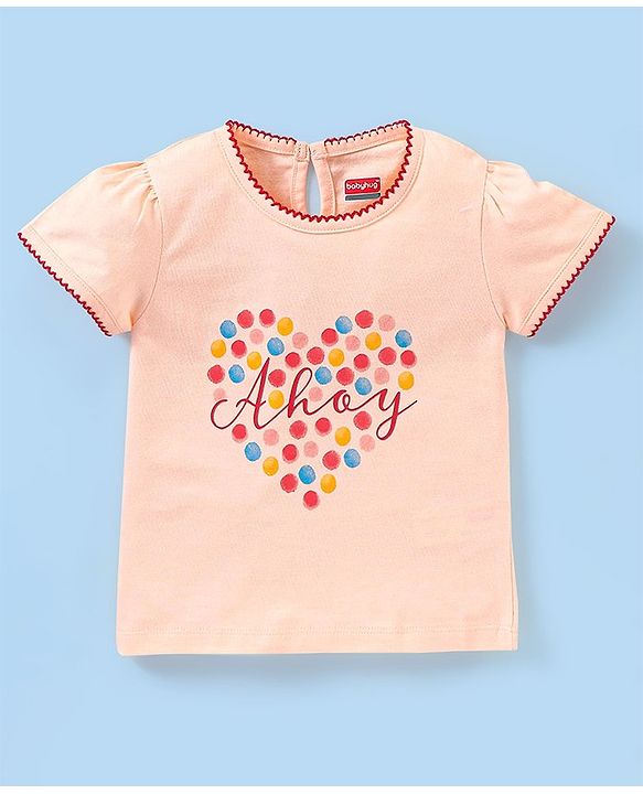 Babyhug 100% Cotton Knit Half Sleeves Top & Skirt Set with Bow Applique & Polka Dots Print - Peach & White