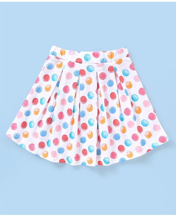 Babyhug 100% Cotton Knit Half Sleeves Top & Skirt Set with Bow Applique & Polka Dots Print - Peach & White
