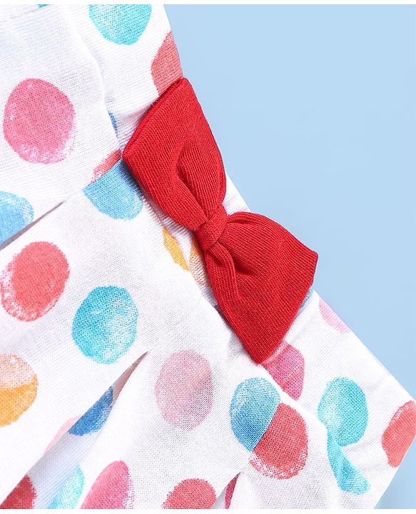 Babyhug 100% Cotton Knit Half Sleeves Top & Skirt Set with Bow Applique & Polka Dots Print - Peach & White