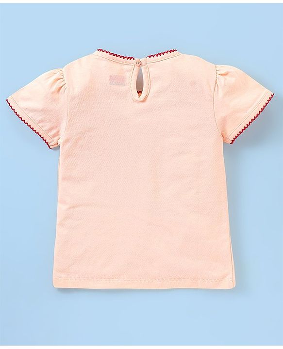Babyhug 100% Cotton Knit Half Sleeves Top & Skirt Set with Bow Applique & Polka Dots Print - Peach & White