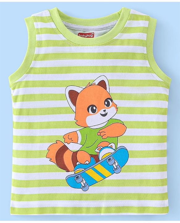 Babyhug Cotton Sleeveless T-Shirt With Stripes & Fox Print - Green