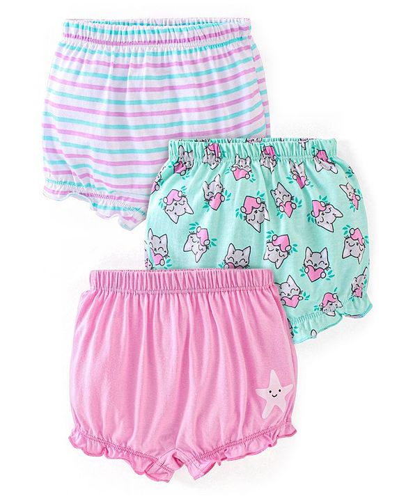 Babyhug 100% Cotton Knit Bloomers Stripes & Kitty Print Pack of 3 - Pink & Turquoise