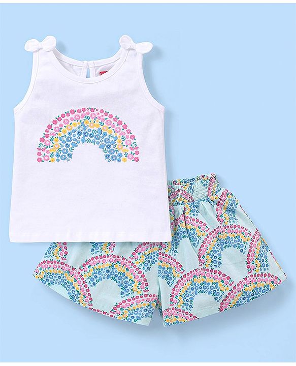 Babyhug 100% Cotton Knit Sleeveless Top and Shorts Floral Print - White & Blue
