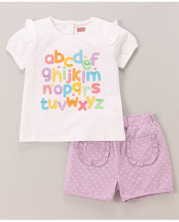Babyhug 100% Cotton Knit Half Sleeves Top & Shorts Set Text Print - White & Lilac